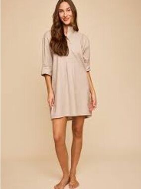 The Sleep Shirt Light Beige 100% Linen Short Shirt Dress Size S Canada NWT